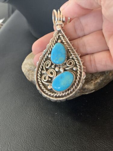 Navajo Blue Turquoise Cluster Pendant | Sterling Silver | 3" | Authentic Native American Handmade | 02103