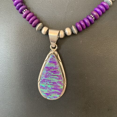 Navajo Purple Sugilite Necklace with Faux Opal Pendant | Sterling Silver | Authentic Native American Handmade | 01916
