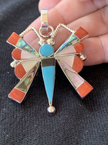 Zuni Turquoise Coral Mother of Pearl Butterfly Necklace Pin Pendant | Inlay | Sterling Silver Inlay | 1369