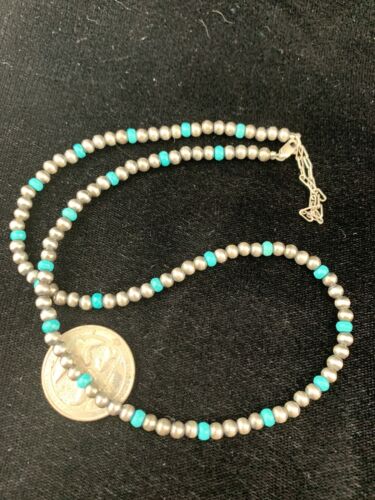 Navajo Pearls 4mm Turquoise Bead Necklace | Sterling Silver | 14" Single Strand | Native American Artisan