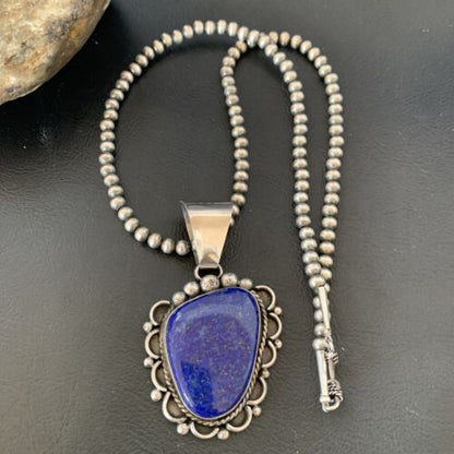 Native American Navajo Blue Lapis Pendant Necklace | Sterling Silver | Authentic Handmade | 11849 - Masha USA