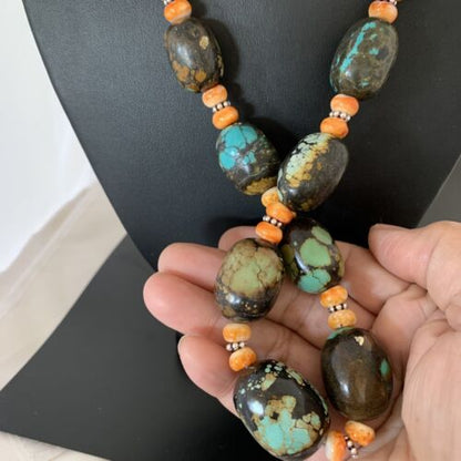 Navajo Green Turquoise & Orange Spiny Oyster Necklace | Sterling Silver | 23" | Authentic Native American Handmade | 1846