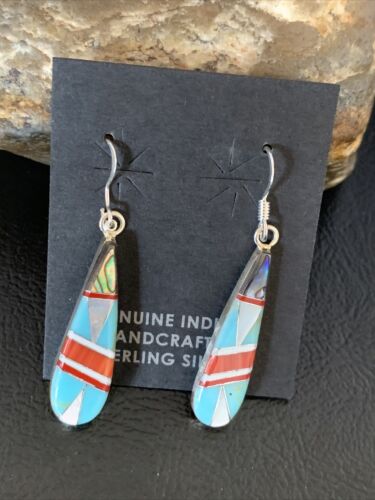 Navajo Multi-Color Turquoise Spiny Opal Inlay Earrings | Sterling Silver | 1.5" | 12999