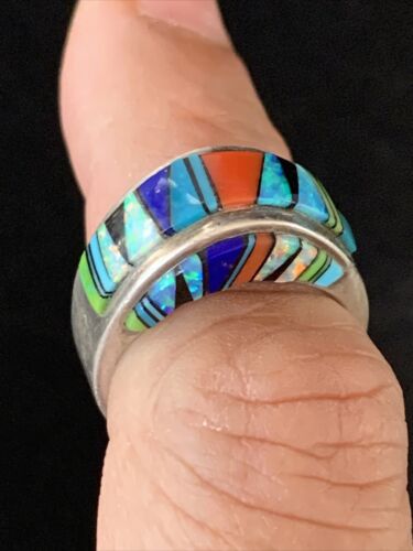 Multi-Color Navajo Sterling Silver Turquoise Spiny Oyster Inlay Ring Sz 6 | Handmade | 14169