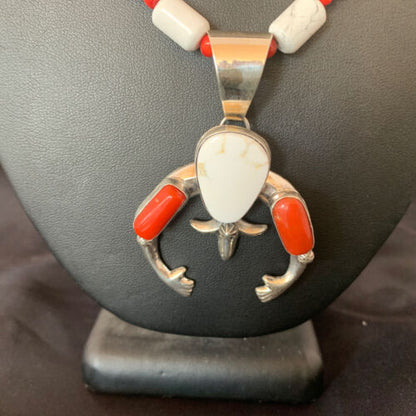 Navajo White Buffalo Turquoise Coral Naja Pendant | Sterling Silver | Authentic Native American Handmade | 10516