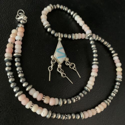 Navajo Mother of Pearl Turquoise Inlay Pendant with Pink Opal Bead Necklace | Sterling Silver | 13457