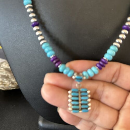 Blue Turquoise Sugilite Navajo Sterling Silver Necklace Pendant | Multi-Stone | 14644