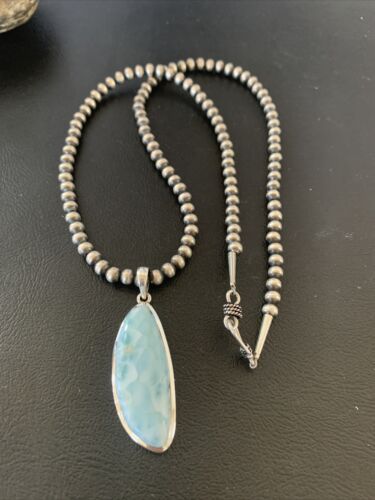 Navajo Blue Larimar Pendant Bead Necklace | Sterling Silver | Authentic Native American Handmade | 1761