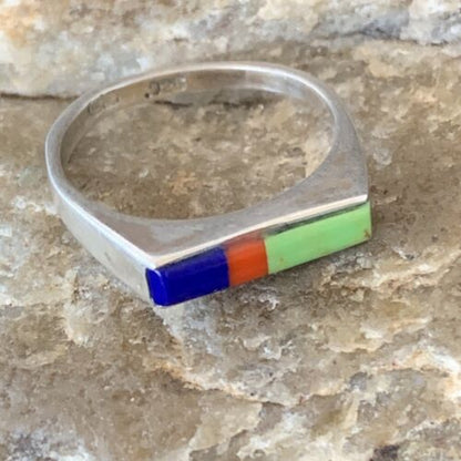 Native American Navajo Green Gaspiete Lapis Red Coral Inlay Ring | Sz 7 | 11139 - Masha USA