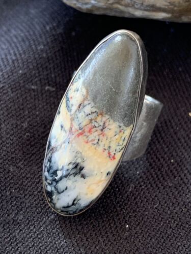 Southwestern Navajo Cinnabrite Ring | White Black | Sterling Silver | Sz 7.5 | 1557