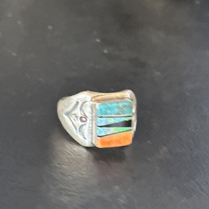Navajo Sterling Silver Turquoise Spiny Oyster Inlay Ring | Sz 8.5 | Multi-Color | 14747 - Masha USA