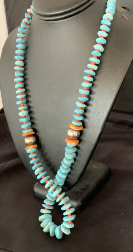 Navajo Natural Turquoise & Spiny Oyster Necklace | Sterling Silver | Authentic Native American | 29" | 13232