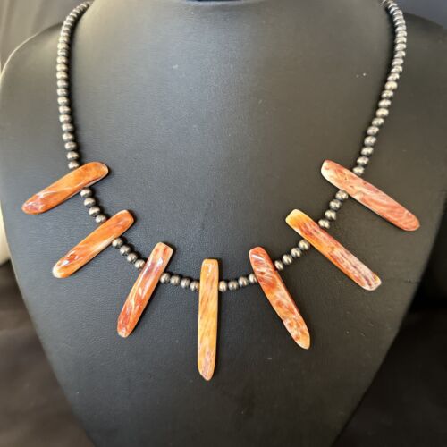 USA Navajo Orange Spiny Oyster Stick Bead Necklace Sterling Silver 21" 14320