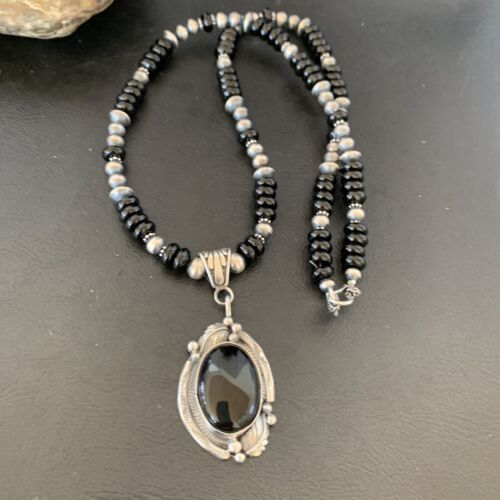 Native American Men's Navajo Pearl Necklace Pendant | Sterling Silver Black Onyx | 10805