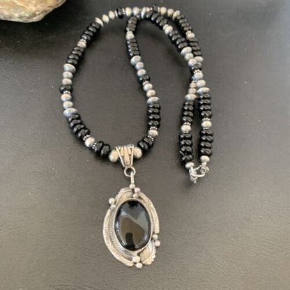 Native American Men's Navajo Pearl Necklace Pendant | Sterling Silver Black Onyx | 10805