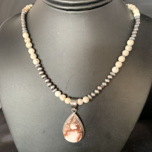Navajo Pearls Necklace with Wild Horse Turquoise Pendant | Sterling Silver | Authentic Native American Handmade | 13902