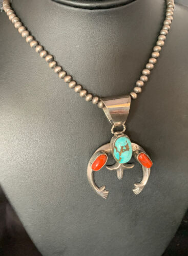 Navajo Pearl Necklace with Royston Turquoise & Coral Naja Pendant | Sterling Silver | 13645