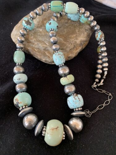 Sterling Silver Navajo Pearls Necklace | Dry Creek Turquoise Beads | Native American Handmade |21" | 01387