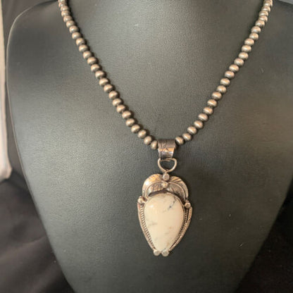 White Buffalo Turquoise Pendant Necklace | Sterling Silver | Navajo | Authentic Native American Handmade | 14049