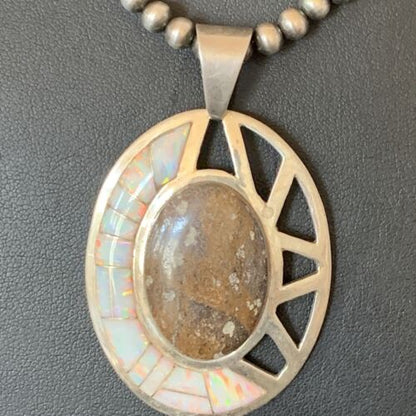 Navajo White Opal Inlay Jasper Pendant | Sterling Silver | 2.5" | Authentic Native American Handmade | 12271