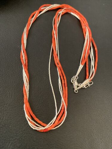Navajo Coral Tube Beads Liquid Silver Heishi 5-Strand Necklace | Sterling Silver | 02181