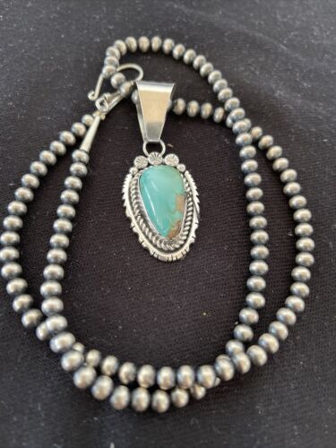 Women's Royston Turquoise Pendant Necklace | Navajo Pearls | Sterling Silver | Authentic Native American Handmade | 01183