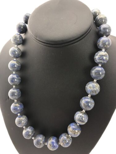 Authentic Native American Handmade | Navajo Sterling Silver Denim Lapis Bead Necklace | 20" | 16mm