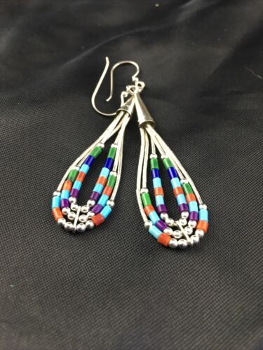 Handmade Liquid Silver Heishi Dangle Earrings | Turquoise Coral | Sterling Silver | 2" | 2009