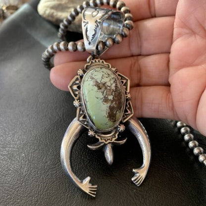 Navajo Green Spiderweb Turquoise Necklace with Naja Pendant | Sterling Silver | Authentic Native American Handmade | 2246 - Masha USA