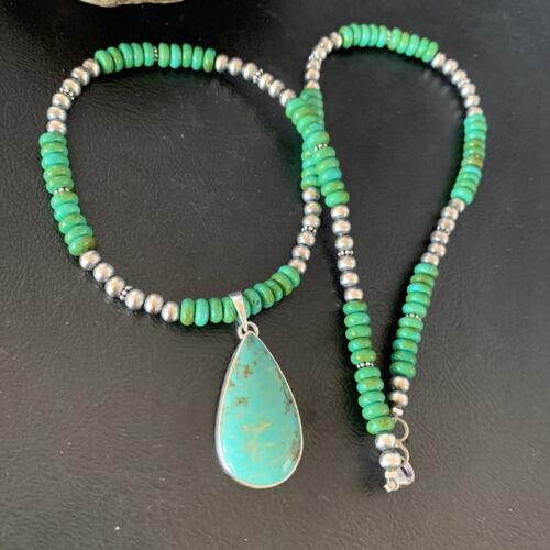 Navajo Pearls Green Turquoise Pendant Necklace | Sterling Silver Beads | Authentic Native American Handmade | 13308