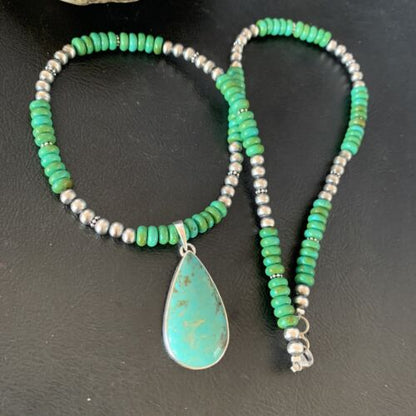 Navajo Pearls Green Turquoise Pendant Necklace | Sterling Silver Beads | Authentic Native American Handmade | 13308