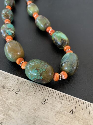 Navajo Green Turquoise & Orange Spiny Oyster Necklace | Sterling Silver | 23" | Authentic Native American Handmade | 1847