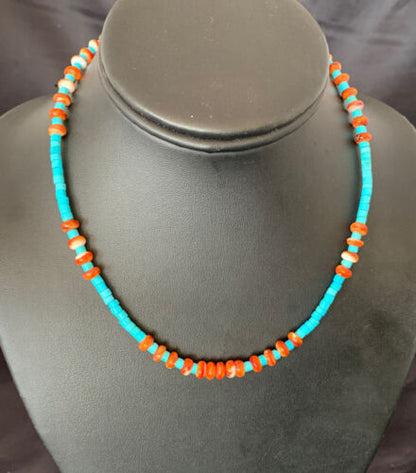 Navajo Sterling Silver Spiny Oyster Turquoise Necklace | 16" | Authentic Native American Handmade | 10692 - Masha USA