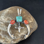 Navajo Blue Turquoise Red Spiny Oyster Naja Pendant | Sterling Silver | Authentic Native American Handmade | 14679