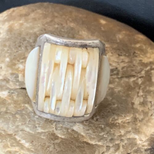 Native American White Mother of Pearl Navajo Inlay Ring | Sterling Silver | Sz 7.5 | 12864