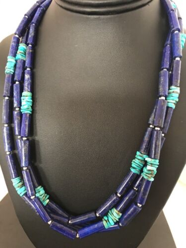 Turquoise Denim Lapis Multi Strand Navajo Necklace | Sterling Silver 23" | Southwestern | 3318 - Masha USA