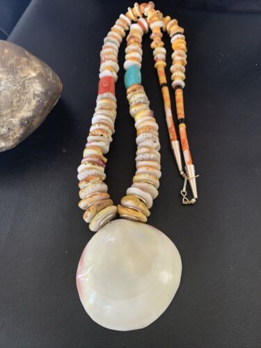 Native American Santo Domingo Necklace | Silver Shell Turquoise | 32" | 12060