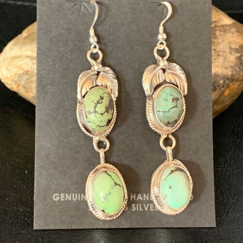 Navajo Green Spiderweb Turquoise Dangle Earrings | Sterling Silver | Authentic Native American Handmade | 13554