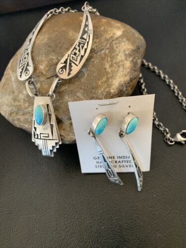 Native American Hopi Blue Kingman Turquoise Necklace & Earrings Set | Sterling Silver | 2101