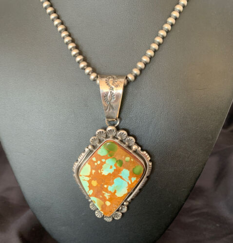Navajo Royston Turquoise Pendant Men's Necklace | Sterling Silver | Native American Handmade | 10428