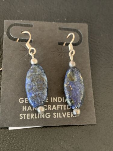 Navajo Blue Lapis Lazuli Bead Dangle Drop Earrings | Sterling Silver | Authentic Native American Handmade | 13062