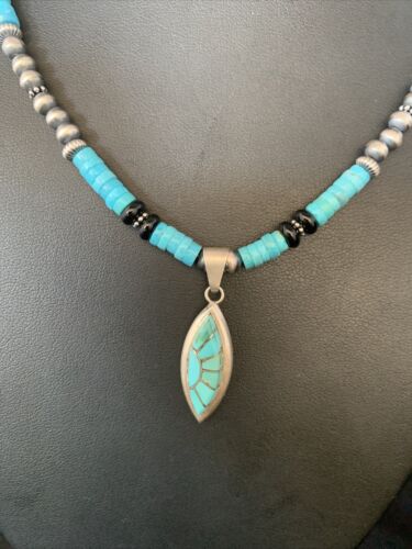 Navajo Inlay Blue Turquoise Onyx Inlay Pendant Necklace | Sterling Silver | Authentic Native American Handmade | 13797