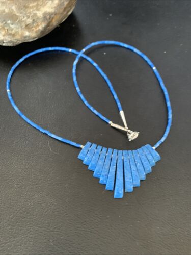 Navajo Denim Lapis Bead Necklace | Sterling Silver | Tube Heishi Fan Pendant | 20" | 10475