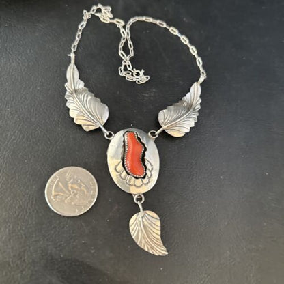 Navajo Red Coral Pendant Necklace | Sterling Silver | Authentic Native American Handmade | 18" | 14481
