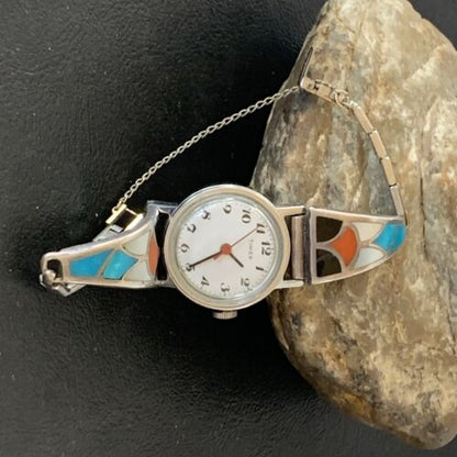 Native Sterling Silver Watch Tips Inlaid With Turquoise MOP Onyx and Coral Navajo Men main image 3
