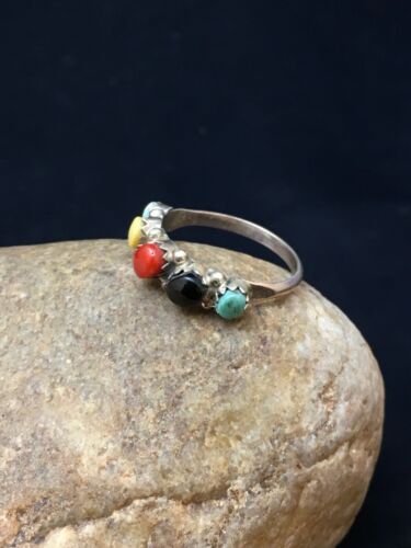 Zuni Blue Opal, Coral & Turquoise Ring | Authentic Native American Sterling Silver | Multi-Stone | Sz 6.5 | 08999
