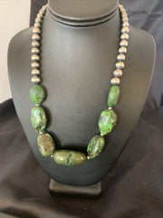 Navajo Chunky Graduated Natural Green Turquoise Necklace | Sterling Silver | Authentic Native American | 18" | 11770