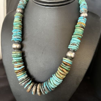 Navajo Blue Green Turquoise Bead Necklace | Sterling Silver | Authentic Native American | 20" | 14238