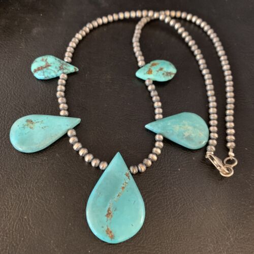 Navajo Teardrop Blue Turquoise Necklace | Sterling Silver Pearls | 20" | Authentic Native American Handmade | 13968