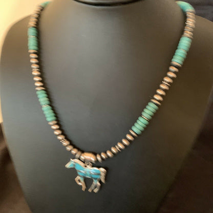 Navajo Horse Inlay Pendant | Blue Turquoise & Opal | Sterling Silver | Authentic Native American Handmade | 11469